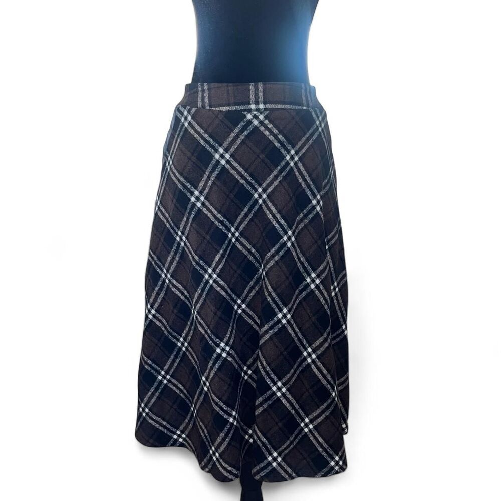 Women's Brown and Black Flannel Midi Skirt with Faux Leather Trim SZ M